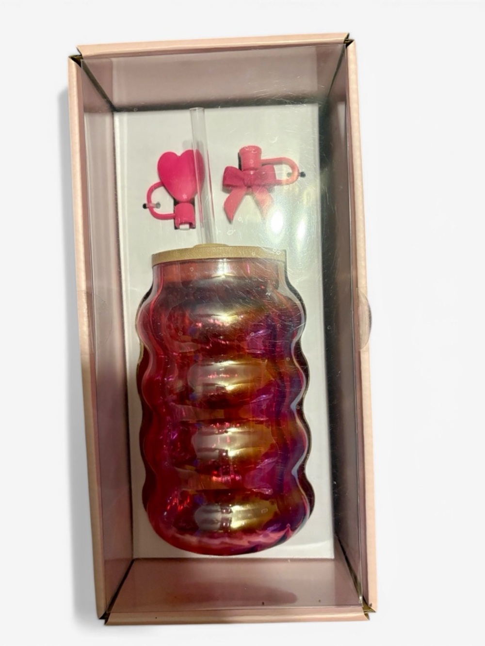 Studio TU Iridescent Ribbed Glass Sipper Set – Bamboo Lid, Glass Straw&covers NW